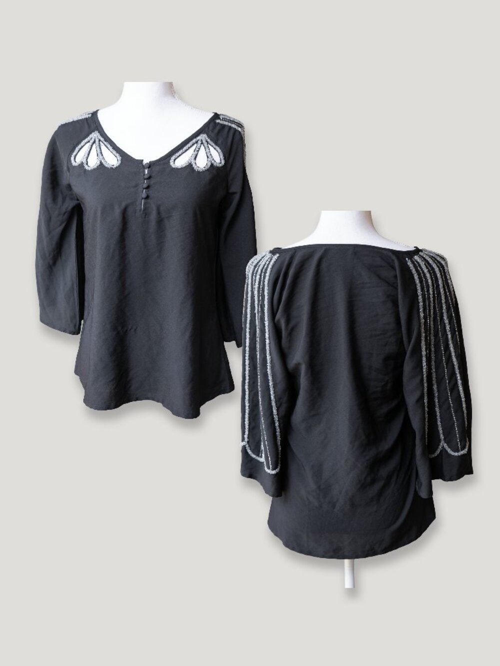 Romeo + Juliet Couture Beaded Top Black Flutter Sleeve Wing detail Chest Cutout